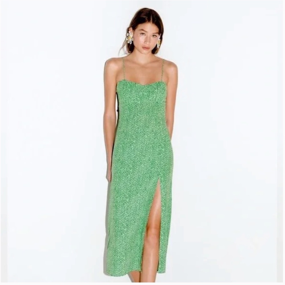 Zara Printed Corsetry-Inspired Dress Green White Floral